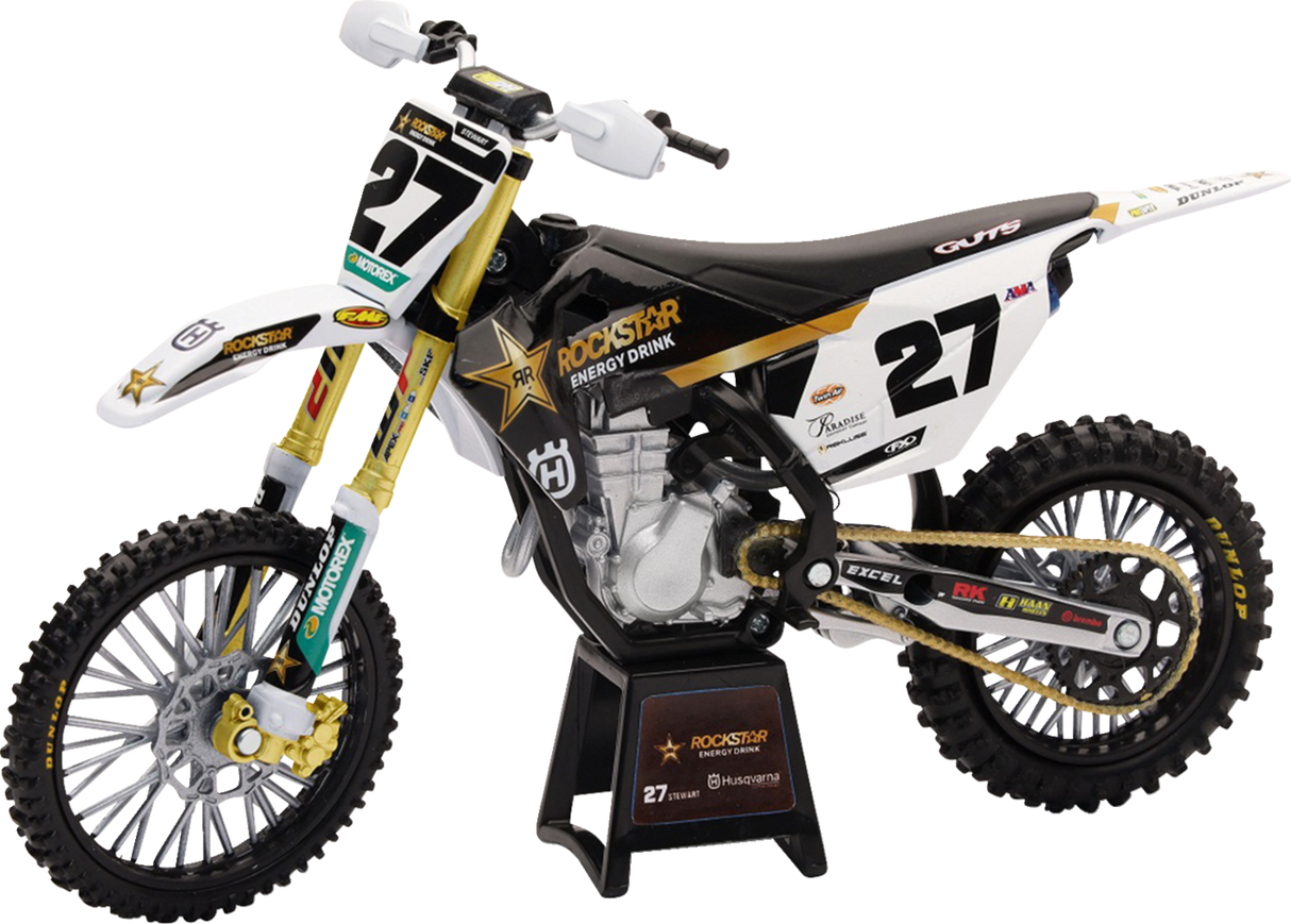 NEW RAY TOYS Rockstar Husqvarna Team Bike - Malcolm Stewart - 1:12 Scale - BlackWhite/Gold 58403
