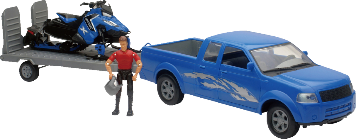 NEW RAY TOYS Pick Up Truck w/ Polaris Switchback Snowmobile Set - 1:18 Scale - Blue SS-37406A