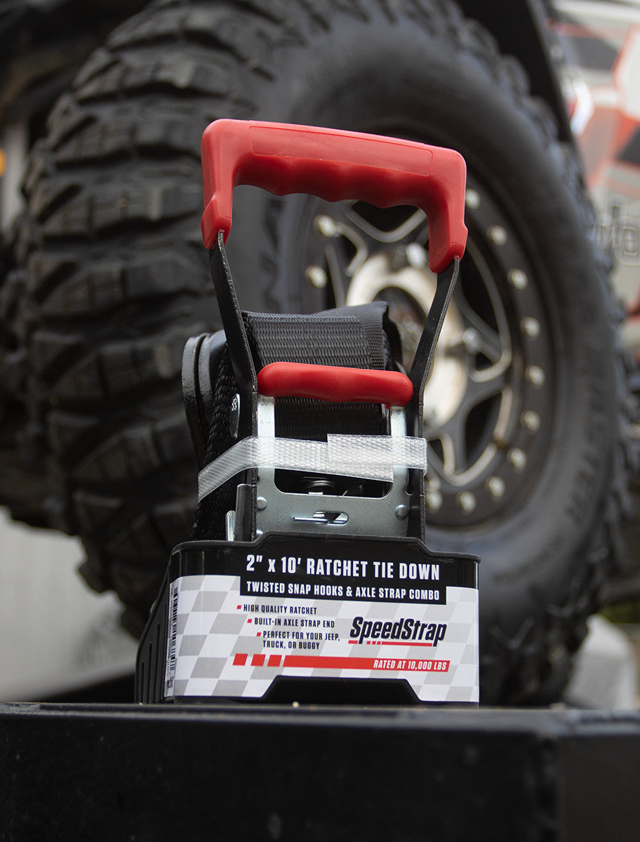 2″ x 10′ Ratchet Tie Down w/ Twisted Snap Hooks & Axle Strap Combo