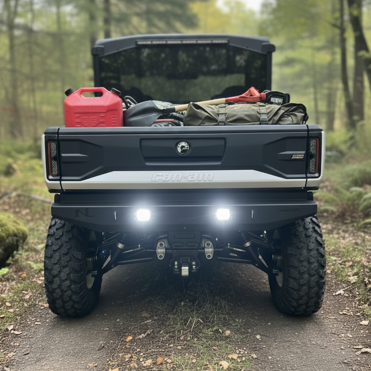 Back of a black Defender with off-road tires on a forest path