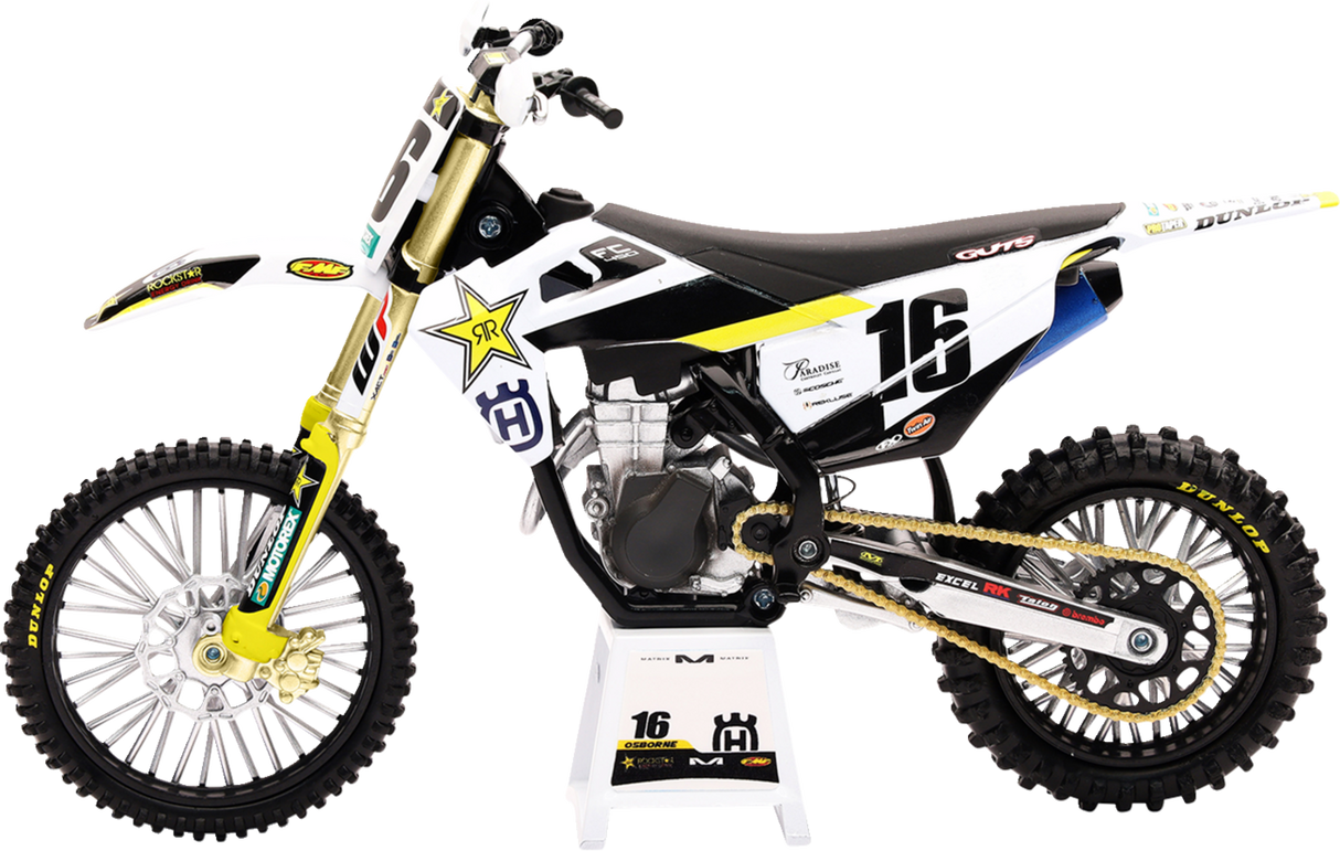 NEW RAY TOYS Rockstar Husqvarna Team Bike 2020 - Zach Osborne - 1:12 Scale - White/Black/Yellow 58243