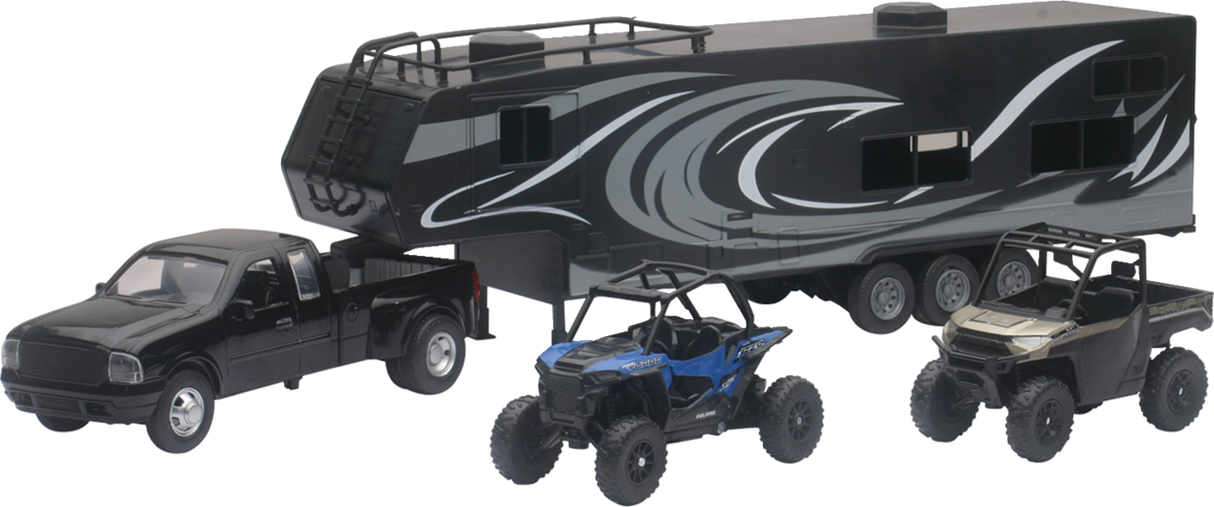 NEW RAY TOYS Pick Up Toy Hauler w/ Polaris Vehicles Set - 1:18 Scale - Black/Blue/Red 37046