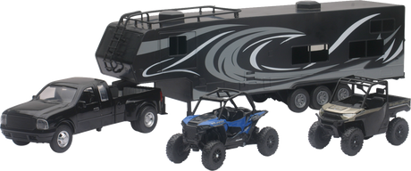 NEW RAY TOYS Pick Up Toy Hauler w/ Polaris Vehicles Set - 1:18 Scale - Black/Blue/Red 37046