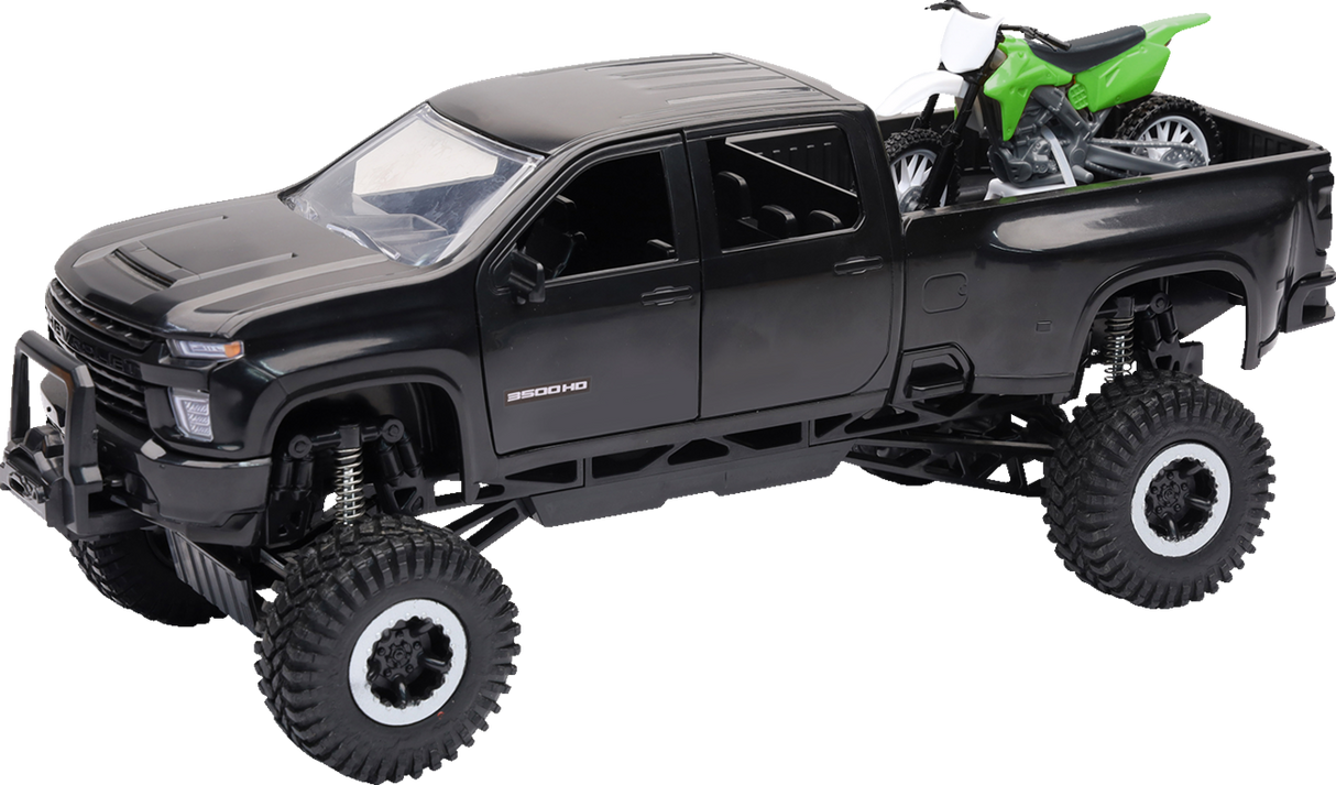 NEW RAY TOYS Chevrolet 3500HD Offroad Pick Up w/ Dirt Bike - 1:32 Scale - Black/Green SS-37596