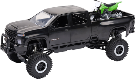 NEW RAY TOYS Chevrolet 3500HD Offroad Pick Up w/ Dirt Bike - 1:32 Scale - Black/Green SS-37596
