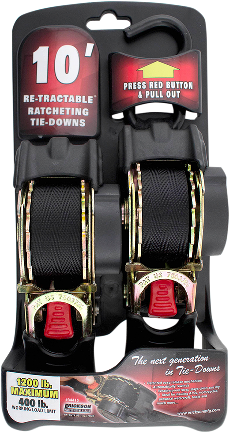 ERICKSON Retractable Ratchet Tie-Downs - 10' - Black 34415